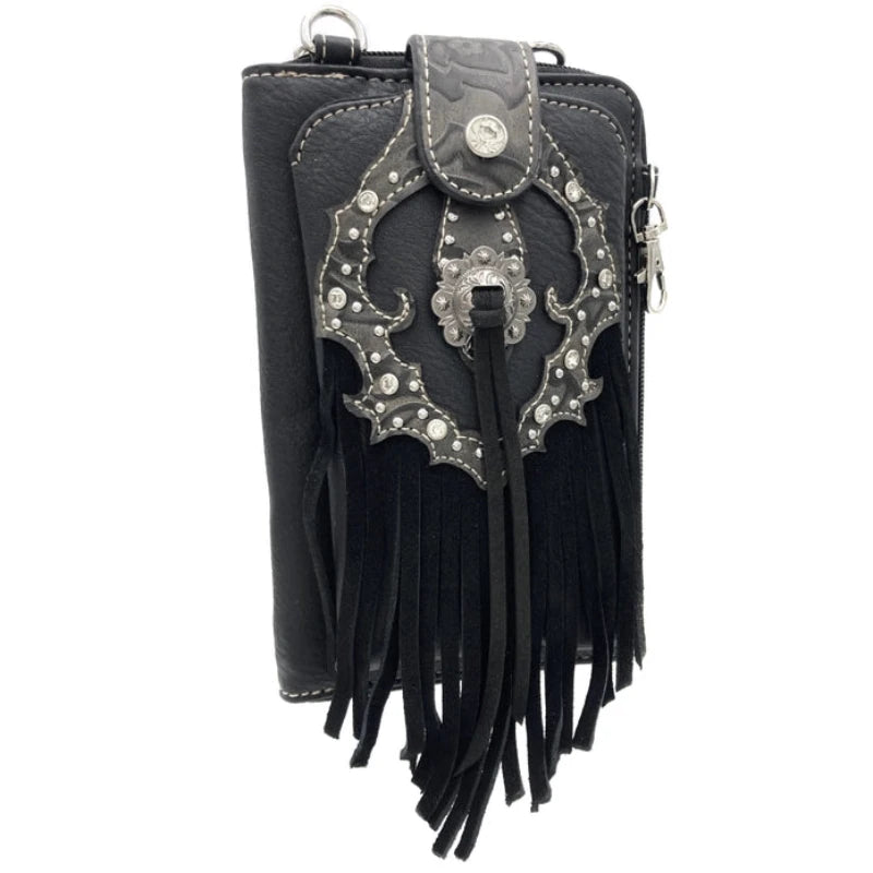 FRINGE CROSSBODY PHONE WALLET BLACK