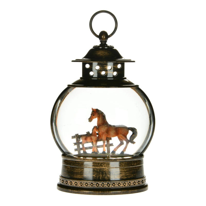 10" BROWN LANTERN SNOW GLOBE - HORSES