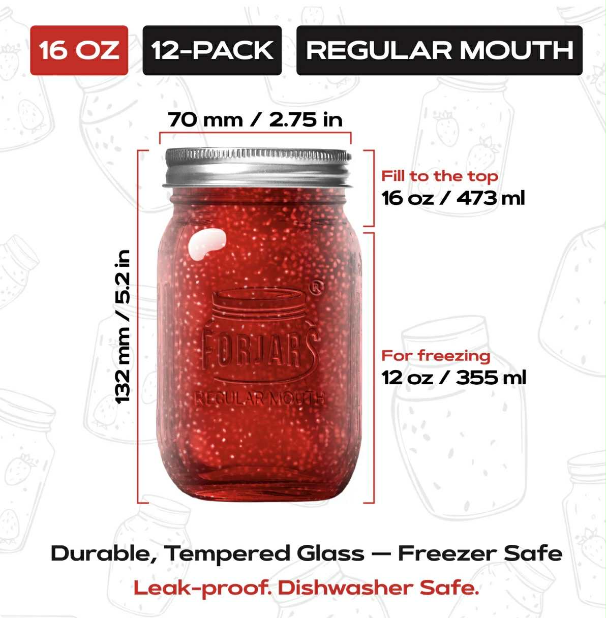 FORJARS® - Premium Mason Jars – 16 oz (12-Pack) | Regular Mouth Glass Canning Jars