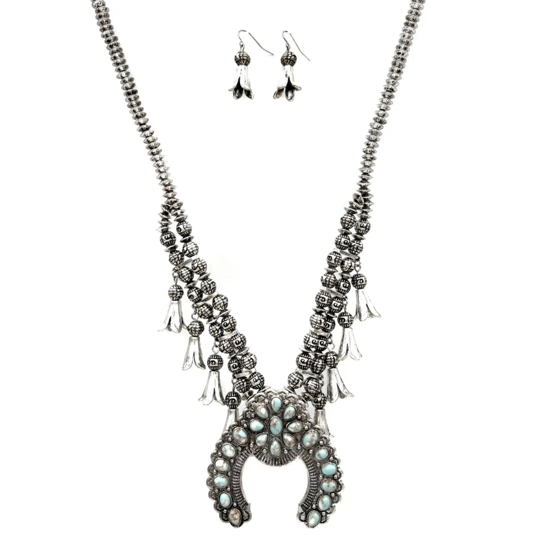 ANTIQUE SILVER SQUASH BLOSSOM NECKLACE EARRING SET