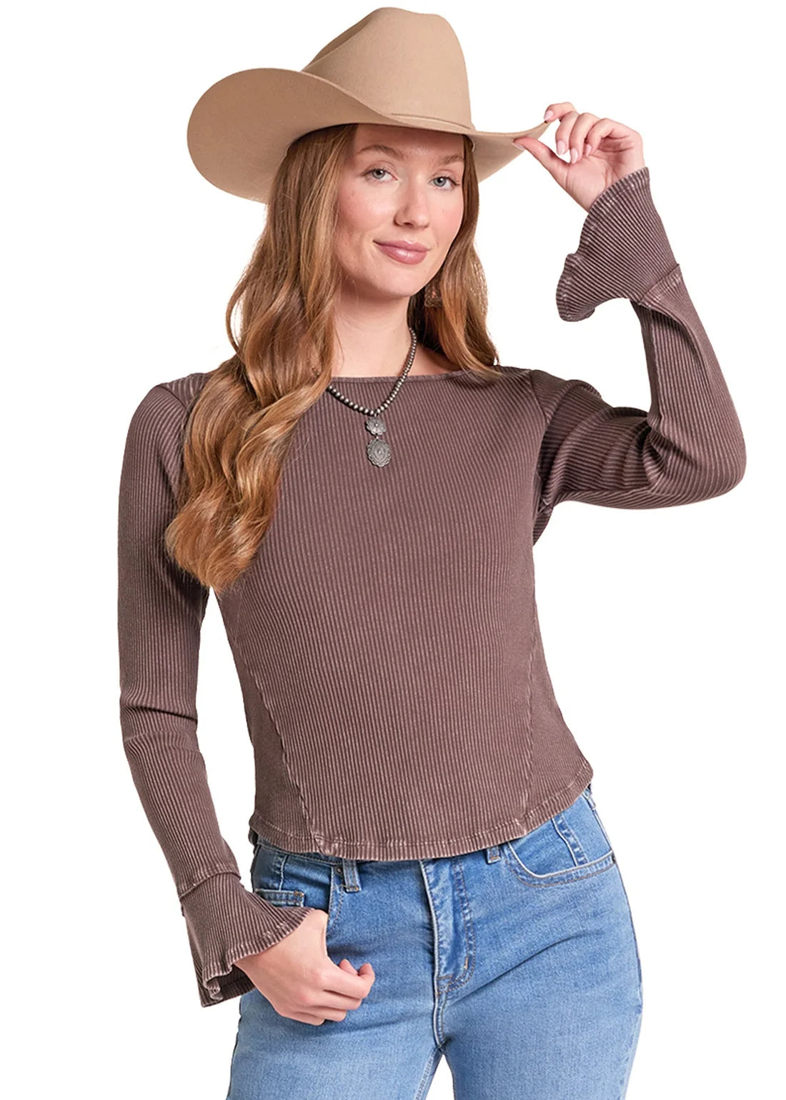 ROCK&ROLL WOMENS RIBBED TOP - BROWN