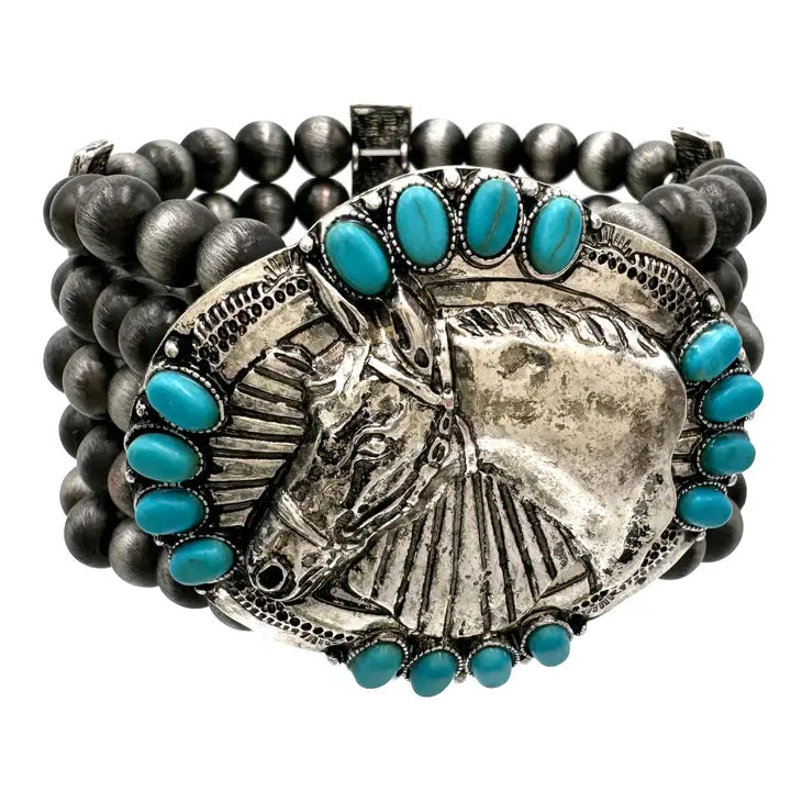 METAL HORSE WESTERN TROPHY BUCKLE STRETCH BRACELET