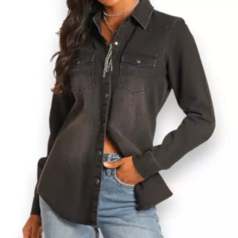 ROCK & ROLL DISTRESSED BLACK DENIM SHIRT