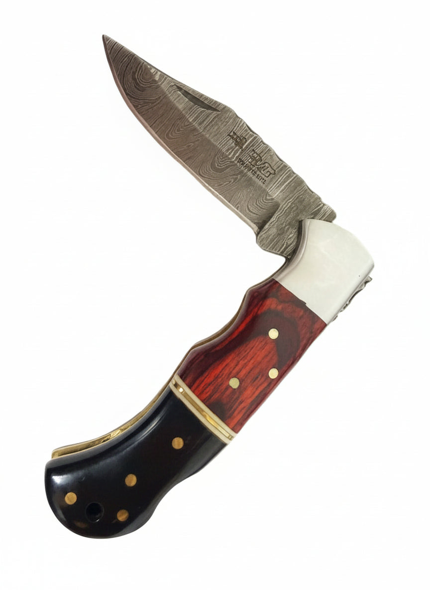 VIKING DAMASCUS FOLDING POCKET KNIFE BLACK AND RED
