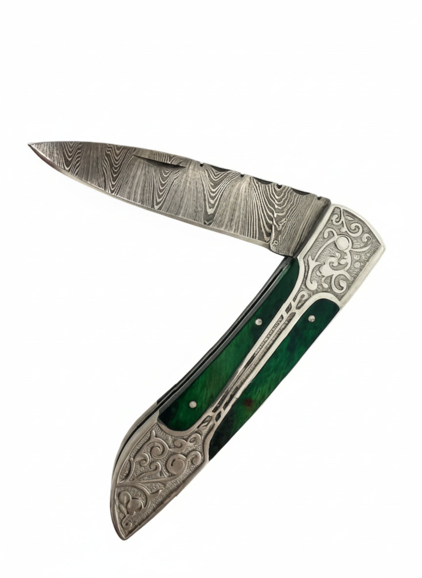 VIKING DAMASCUS FOLDING POCKET KNIFE GREEN WOOD