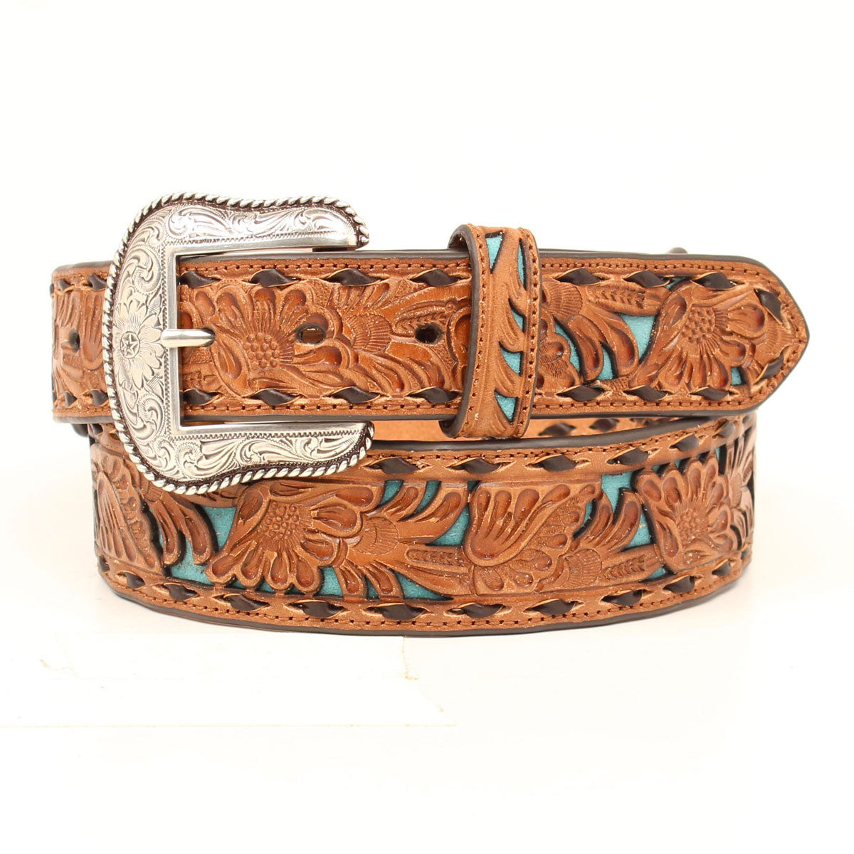 NOCONA MENS BELT 1 1/4 - 1 1/2 FLORAL PIERCED DOUBLE STITCH