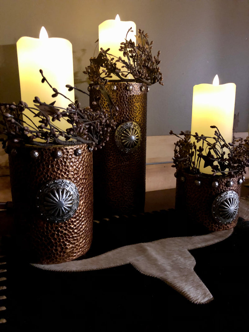 Faux Hammered Copper with Concho Pillar Candle Holder - Set of 3