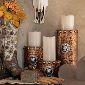 Faux Hammered Copper with Concho Pillar Candle Holder - Set of 3