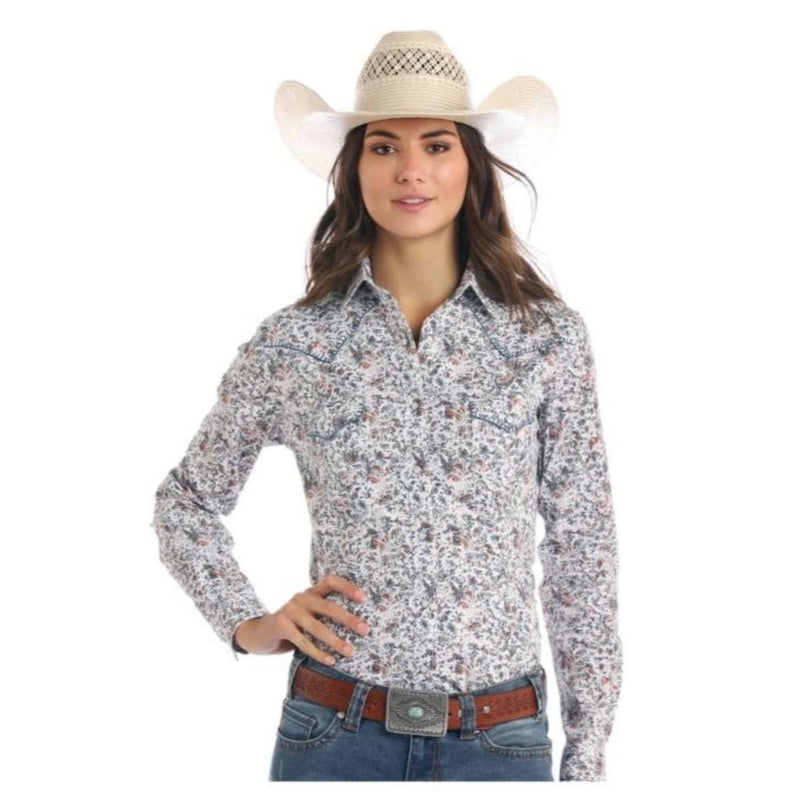 Rock & Roll Cowgirl Charcoal Floral Ladies Shirt
